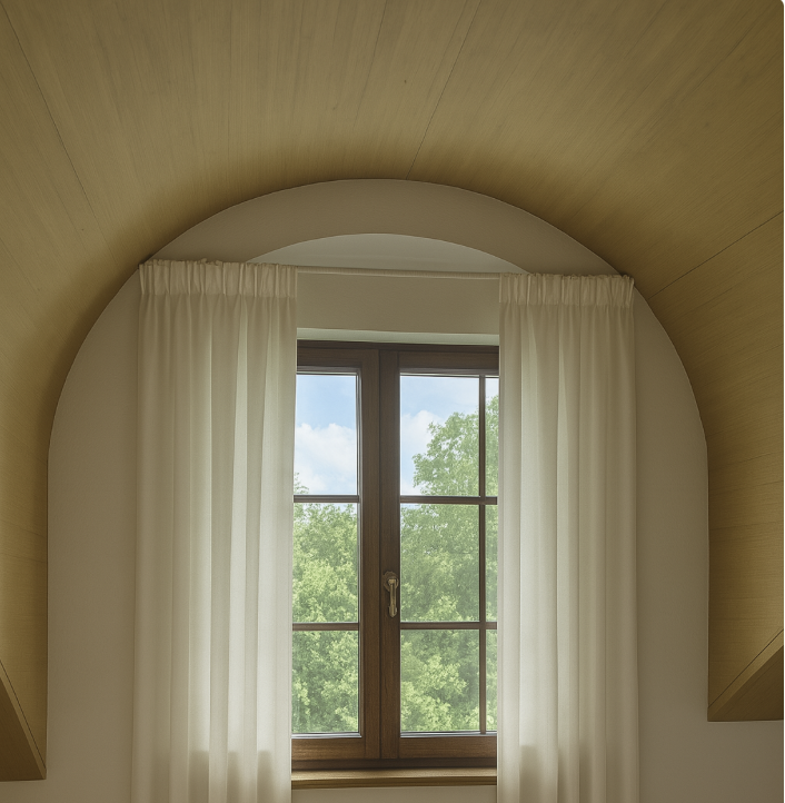 Rideaux blancs sur mesure installés dans une fenêtre en bois avec arche, apportant élégance et lumière naturelle à l’intérieur