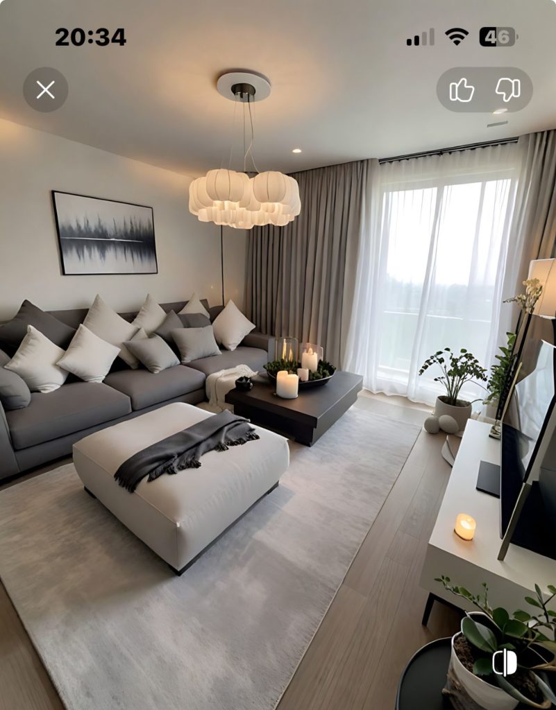 Salon moderne avec rideaux et voilages sur mesure en ton gris clair, création Rho Deco à Genève pour un intérieur élégant et cosy