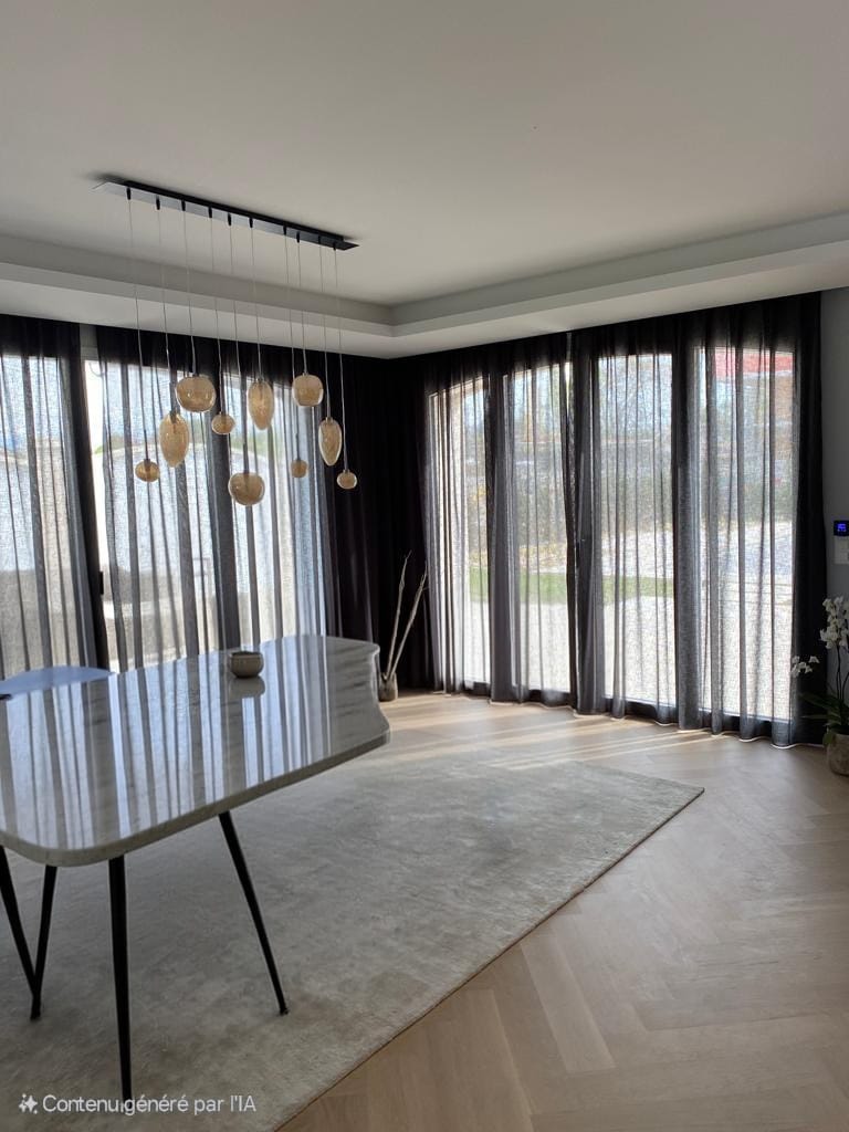 Voilages contemporains sur mesure en tissu sombre installés dans un salon moderne, création Rho Deco à Genève.