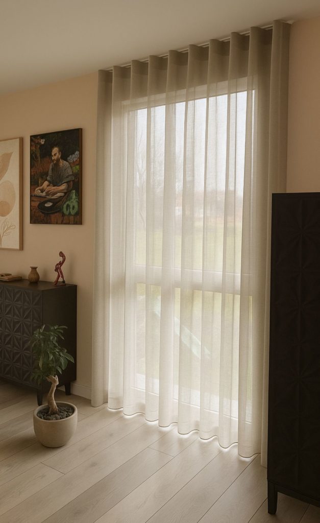 Voilage beige sur mesure installé dans un salon moderne, création Rho Deco à Genève, apportant luminosité et élégance discrète