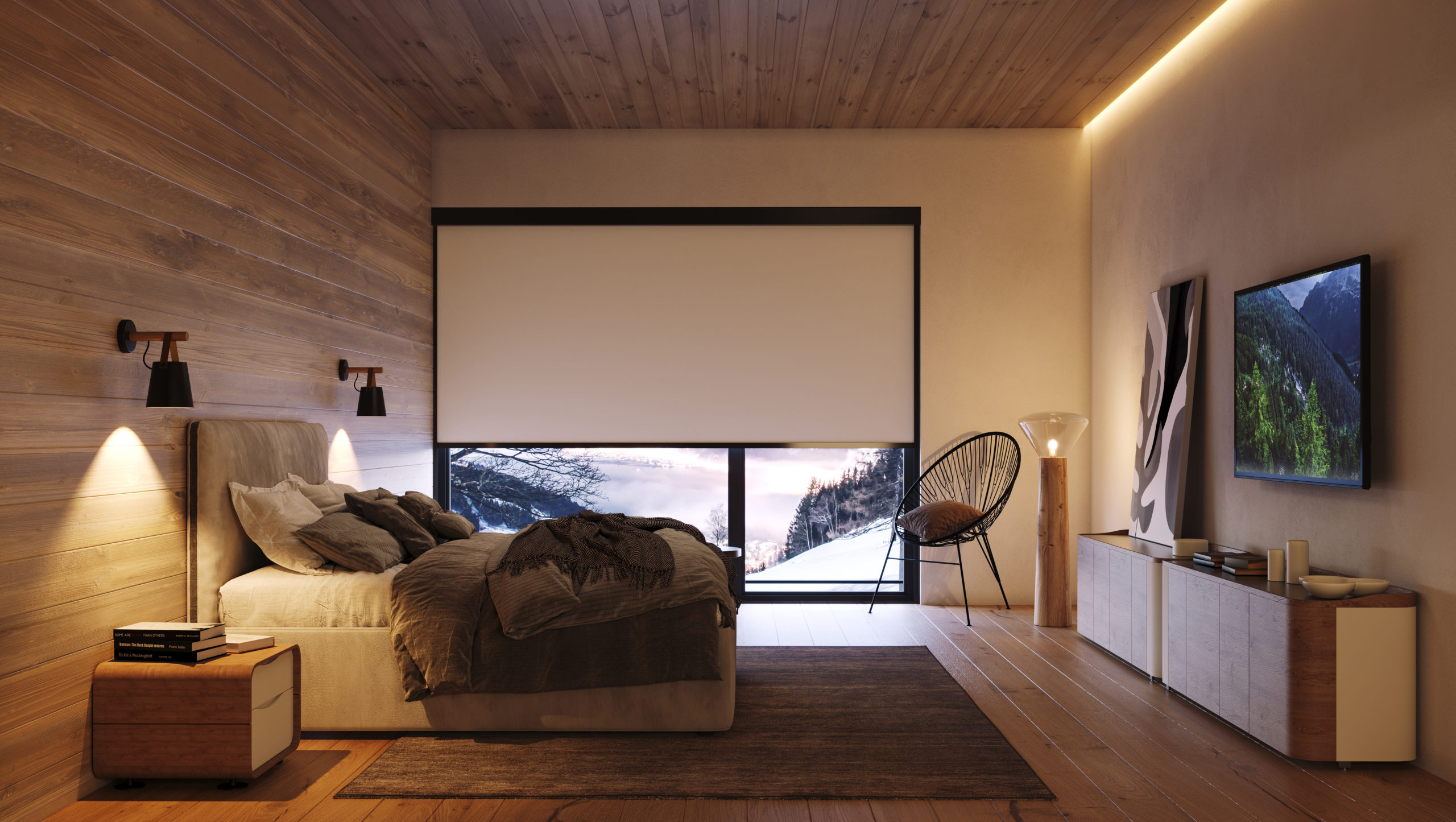 Store enrouleur occultant MHZ Thema Blackout, chambre chalet montagne - Rhô Déco