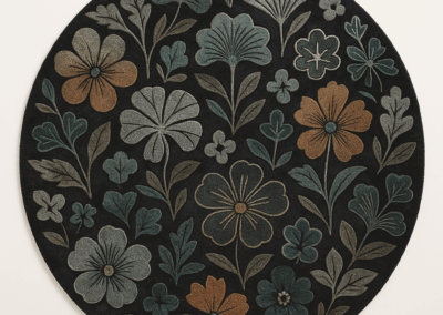 Détail des fleurs sculptées sur un tapis rond bleu et gris, montrant la précision du travail artisanal.