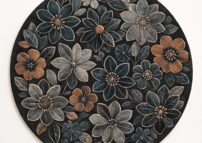 Tapis rond sur mesure de 2 mètres de diamètre, motifs floraux sculptés dans des tons bleu, gris et camel.